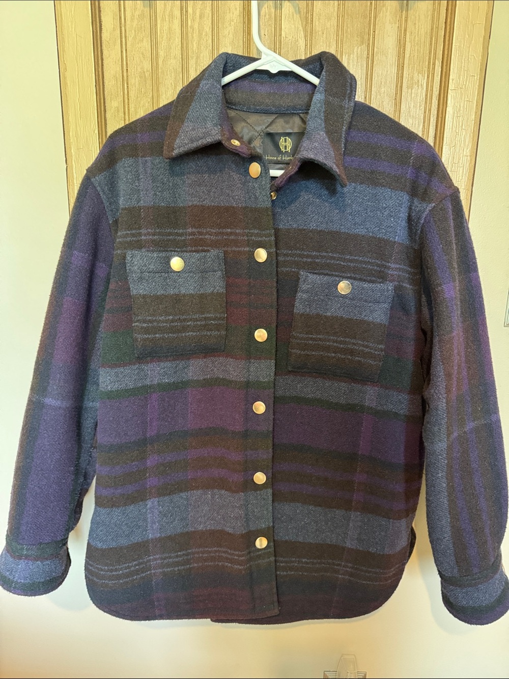 House of Harlow 1960 Plaid Utility Shacket in Purple and Gray